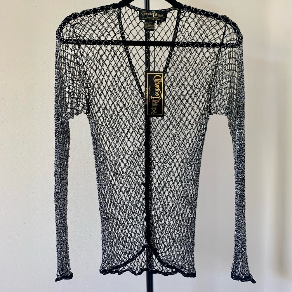NWT Christine Phillipe Cali Couture Black & Iridescent Beaded Crochet Top Size M - Picture 1 of 6